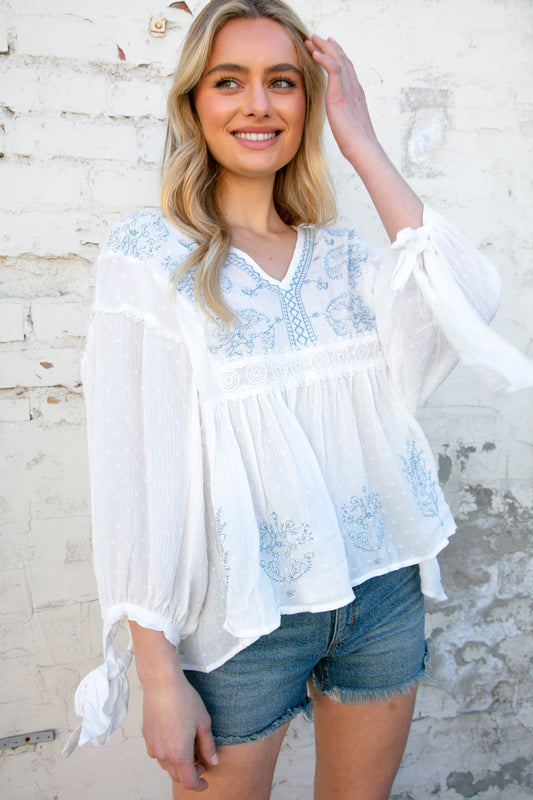 White V Neck Embroidered Crochet Lace Swiss Dot Top - Montana James